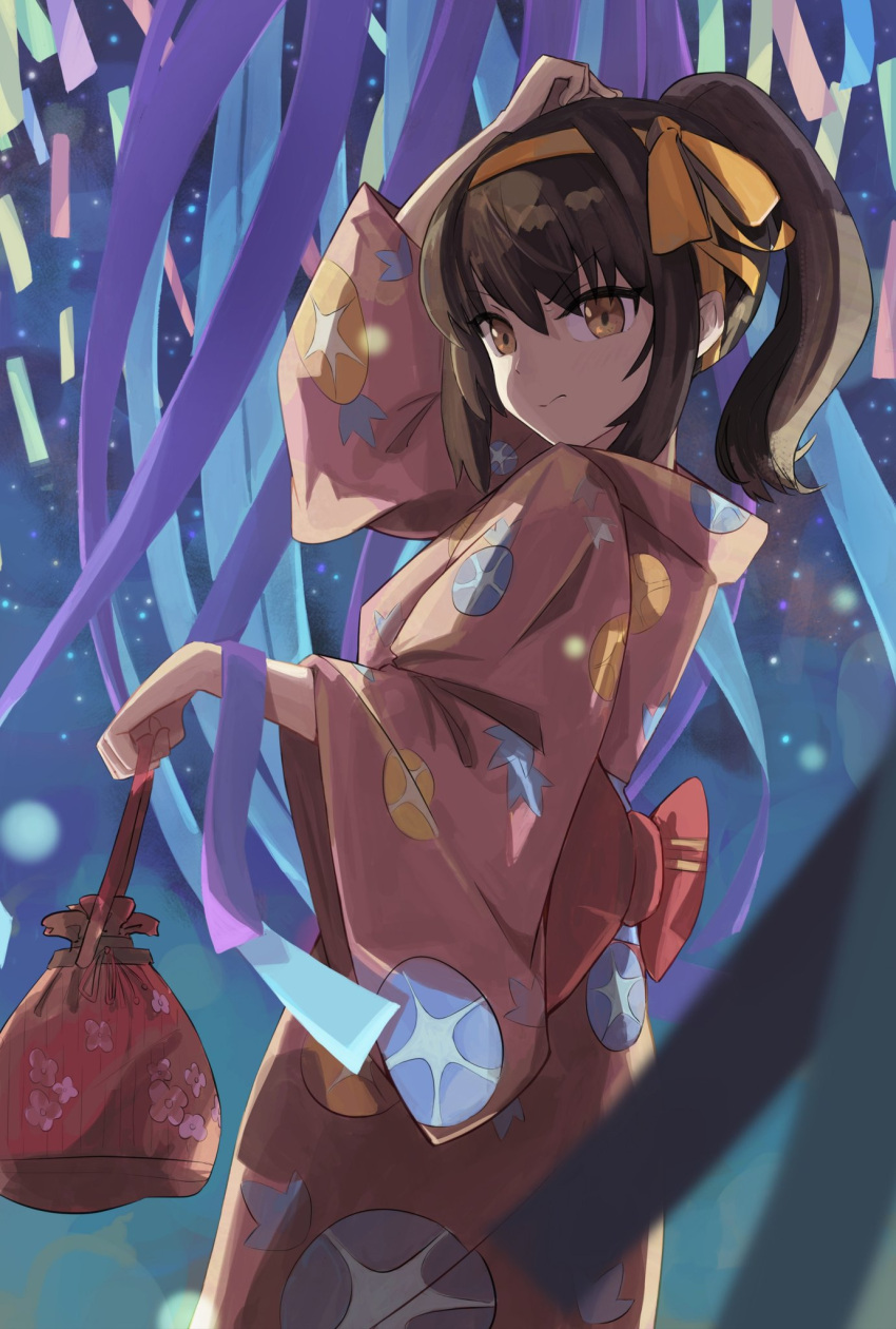 1girl arm_up bag brown_eyes brown_hair chitake closed_mouth commentary_request cowboy_shot from_side hair_between_eyes hairband hand_on_own_head highres holding holding_bag japanese_clothes kimono long_sleeves medium_hair official_alternate_hairstyle ponytail purple_ribbon red_kimono ribbon solo standing suzumiya_haruhi suzumiya_haruhi_no_yuuutsu wide_sleeves yellow_hairband yellow_ribbon yukata