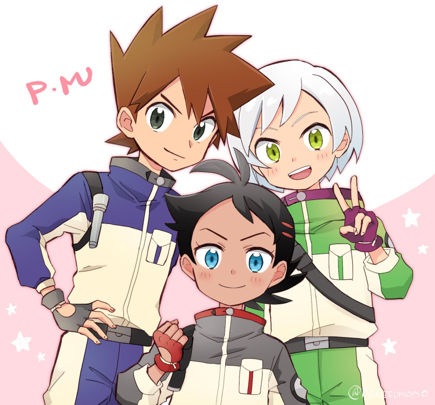 3boys :d belt belt_buckle black_hair blue_eyes blush brown_hair buckle clenched_hand closed_mouth commentary_request fingerless_gloves gary_oak gloves goh_(pokemon) green_eyes hand_up highres horace_(pokemon) jacket looking_at_viewer male_focus multiple_boys open_mouth pants pokemon pokemon_(anime) pokemon_journeys pokesumomo purple_gloves red_gloves short_hair smile spiky_hair star_(symbol) teeth tongue upper_teeth_only v
