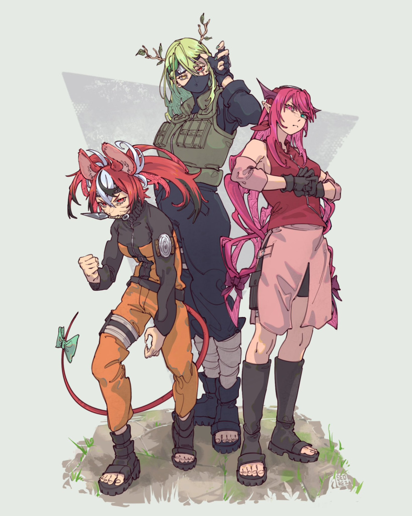 2girls 3girls animal_ears antlers bare_shoulders black_hair blue_eyes branch ceres_fauna cosplay fingerless_gloves forehead_protector gloves green_hair hair_ornament hakos_baelz haruno_sakura haruno_sakura_(cosplay) hatake_kakashi hatake_kakashi_(cosplay) headband heterochromia highres hololive hololive_english horns irys_(hololive) jacket kunai long_hair looking_at_viewer mask mouse_ears mouse_girl mouse_tail multicolored_hair multiple_girls naruto naruto_(series) naruto_shippuuden orange_jacket orange_pants pants pointy_ears purple_hair redhead seo_rez streaked_hair tail twintails uzumaki_naruto uzumaki_naruto_(cosplay) very_long_hair violet_eyes virtual_youtuber weapon white_hair yellow_eyes