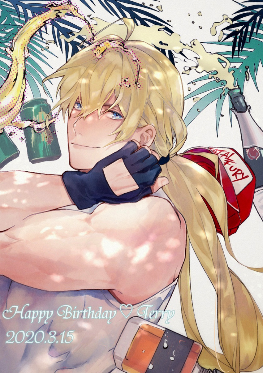 1boy alcohol beer beer_bottle black_gloves blonde_hair blue_eyes character_name closed_mouth dated english_text fatal_fury_cap fingerless_gloves gloves hair_between_eyes happy_birthday hat hat_removed headwear_removed highres long_hair looking_at_viewer male_focus mmts_g palm_leaf palm_tree ponytail sleeveless smirk solo terry_bogard the_king_of_fighters the_king_of_fighters_for_girls tree very_long_hair
