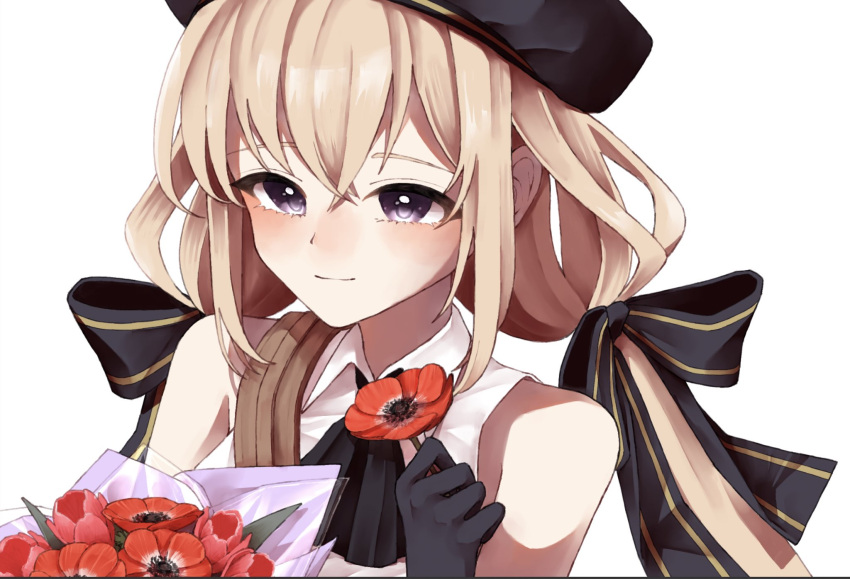 1girl amahara_nue ascot assault_lily bare_shoulders beret black_ascot black_gloves black_headwear black_ribbon blonde_hair blush bouquet closed_mouth collared_shirt crossed_bangs flower gloves hair_between_eyes hair_ribbon hand_up hat highres holding holding_flower light_smile long_hair looking_away low_twintails odaiba_girls_high_school_uniform red_flower ribbon school_uniform shirt shoulder_strap sidelocks simple_background solo striped striped_ribbon takehisa_nakaba twintails upper_body violet_eyes white_background white_shirt
