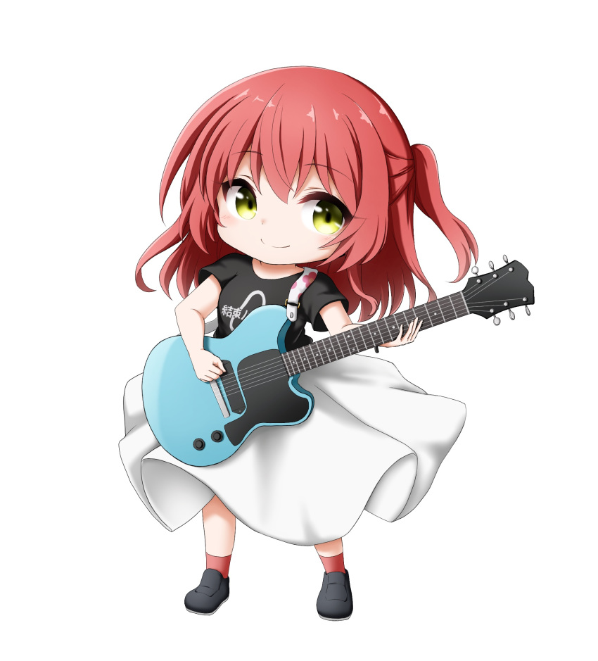 1girl black_footwear black_shirt bocchi_the_rock! chibi closed_mouth clothes_writing electric_guitar full_body green_eyes guitar hair_between_eyes highres holding holding_instrument instrument kita_ikuyo kuena loafers one_side_up red_socks redhead shirt shoes short_sleeves simple_background skirt smile socks solo white_background white_skirt