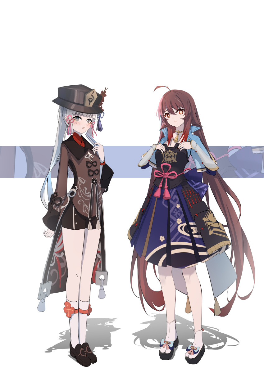 2girls absurdres ahoge black_shorts brown_hair chinese_clothes cosplay costume_switch flower flower-shaped_pupils genshin_impact gradient_hair hat hat_ornament highres hu_tao_(genshin_impact) kamisato_ayaka long_hair looking_at_viewer multicolored_hair multiple_girls porkpie_hat qixia red_shirt shirt shorts simple_background standing symbol-shaped_pupils thighs twintails white_hair