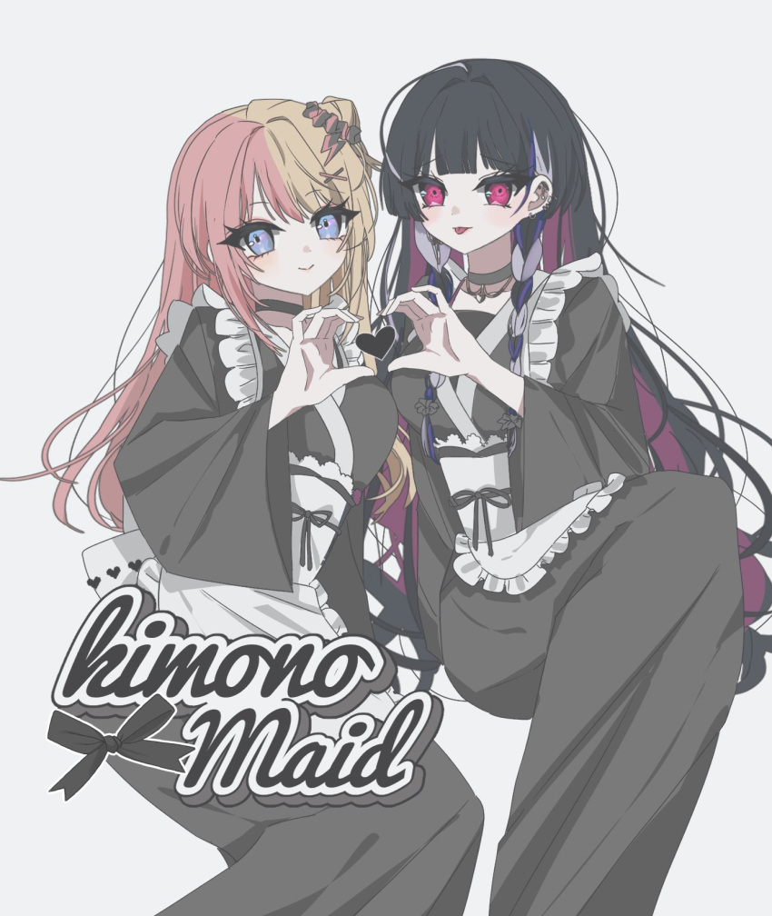 2girls alternate_costume apron black_choker black_dress black_hair blonde_hair blue_eyes blunt_bangs blush bow braid choker closed_mouth colored_inner_hair commission dress ear_piercing earrings english_text enmaided feet_out_of_frame gonyang hair_ornament hair_scrunchie heart heart_hands heart_hands_duo highres japanese_clothes jewelry kimono kotoka_torahime lightning_bolt_hair_ornament lightning_bolt_symbol long_hair long_sleeves looking_at_viewer maid meloco_kyoran multicolored_hair multiple_girls nijisanji nijisanji_en piercing pink_hair purple_hair scrunchie second-party_source side_braids simple_background sitting smile split-color_hair streaked_hair tongue tongue_out twin_braids two-tone_hair violet_eyes virtual_youtuber wa_maid white_apron white_background wide_sleeves x_hair_ornament