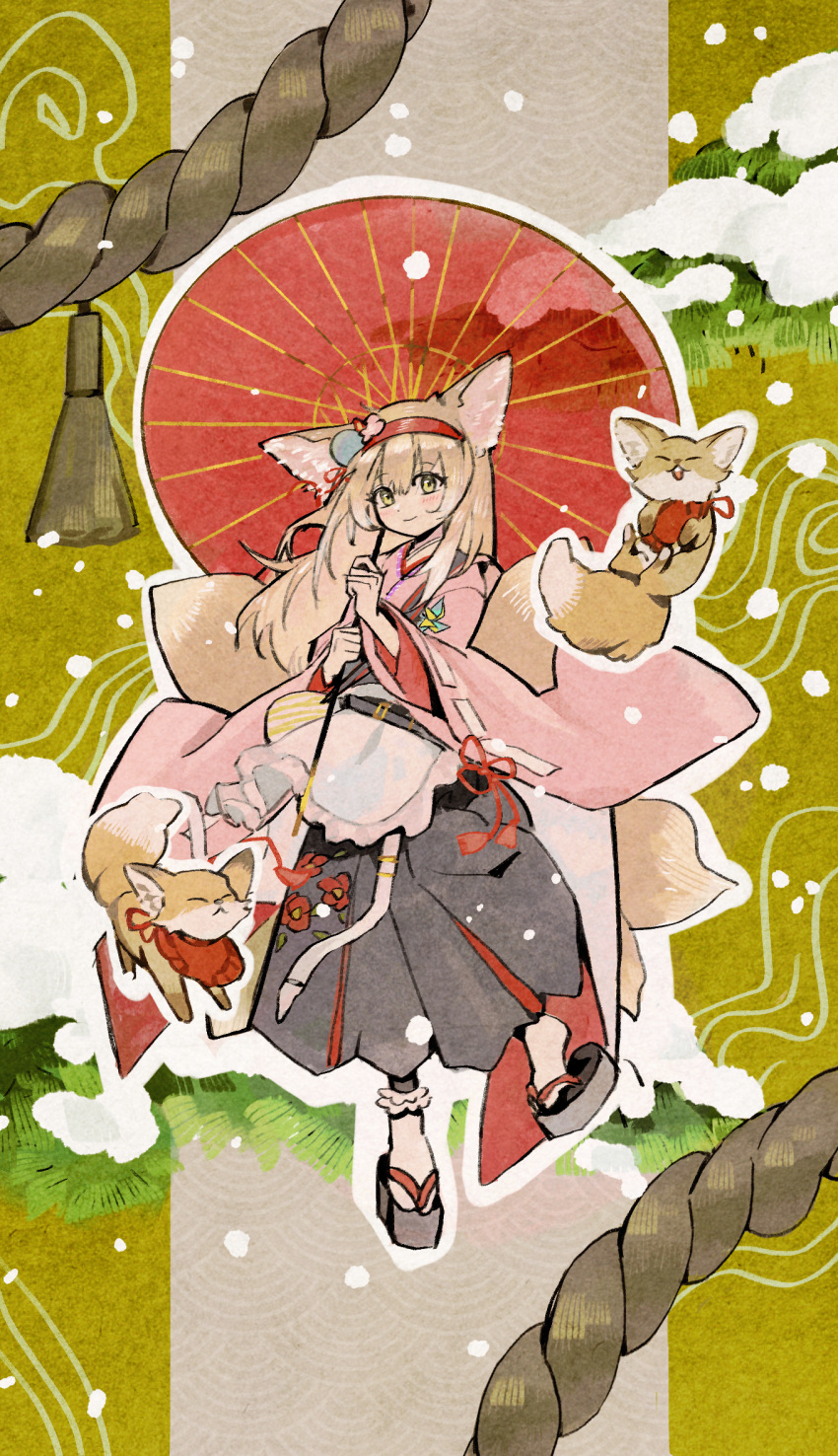 1girl animal_ears apron arknights black_hakama blonde_hair closed_mouth fox fox_ears fox_tail full_body hairband hakama highres holding holding_umbrella japanese_clothes jicheng731 kimono long_hair long_sleeves looking_at_viewer multiple_tails official_alternate_costume okobo pink_kimono pinwheel red_hairband ribbon-trimmed_sleeves ribbon_trim rope shimenawa smile socks solo suzuran_(arknights) suzuran_(yukibare)_(arknights) tail umbrella waist_apron white_apron white_socks wide_sleeves yellow_eyes