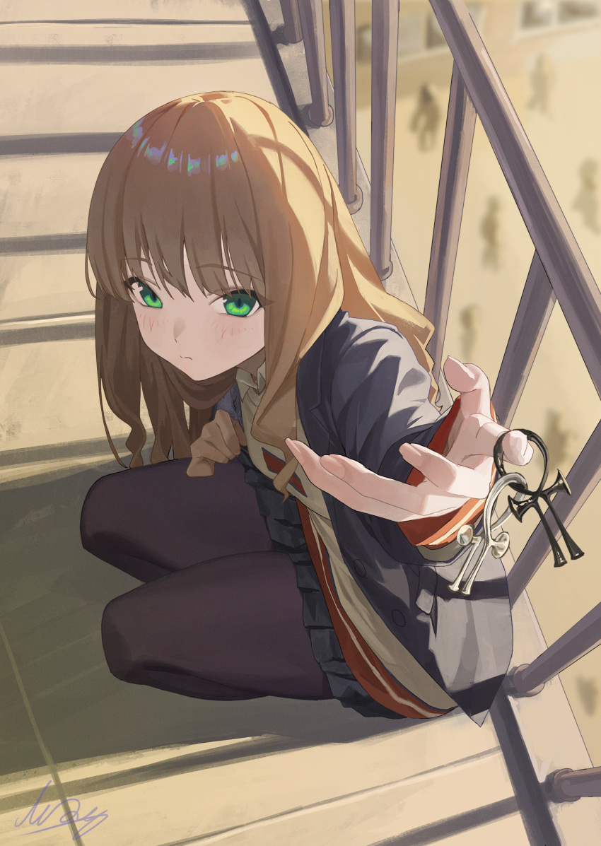 1girl against_railing ankh black_jacket black_pantyhose black_skirt blazer blurry blurry_background blush brown_hair commentary crowd from_above green_eyes gridman_universe highres jacket long_hair looking_at_viewer m.q_(mqkyrie) minami_yume outdoors pantyhose pleated_skirt presenting railing school_uniform shirt signature skirt solo squatting ssss.dynazenon