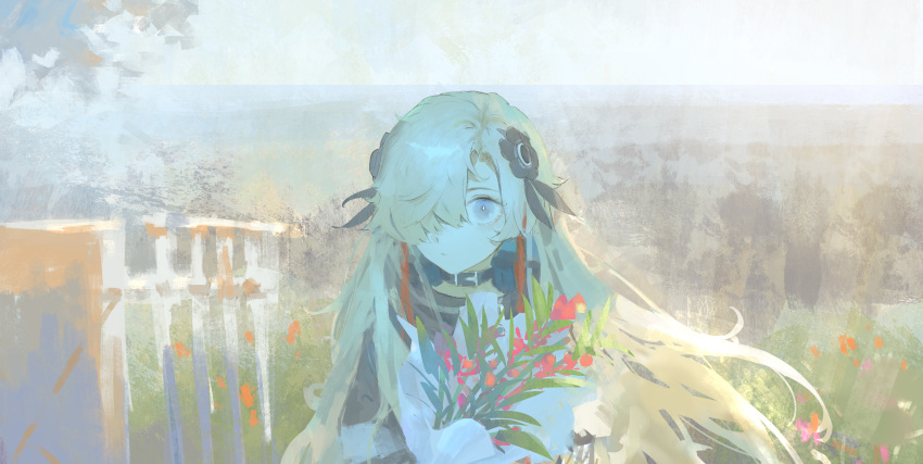 1girl absurdres belt_collar black_coat black_flower blonde_hair bouquet bright_pupils closed_mouth coat collar commentary day expressionless fence field floating_hair flower flower_field grey_eyes hair_flower hair_ornament hair_over_one_eye high_collar highres holding holding_bouquet isekai_joucho kamitsubaki_studio long_hair looking_at_viewer multicolored_hair outdoors peke_(shadow105) red_flower redhead sidelighting sidelocks solo streaked_hair upper_body very_long_hair virtual_youtuber white_pupils wooden_fence
