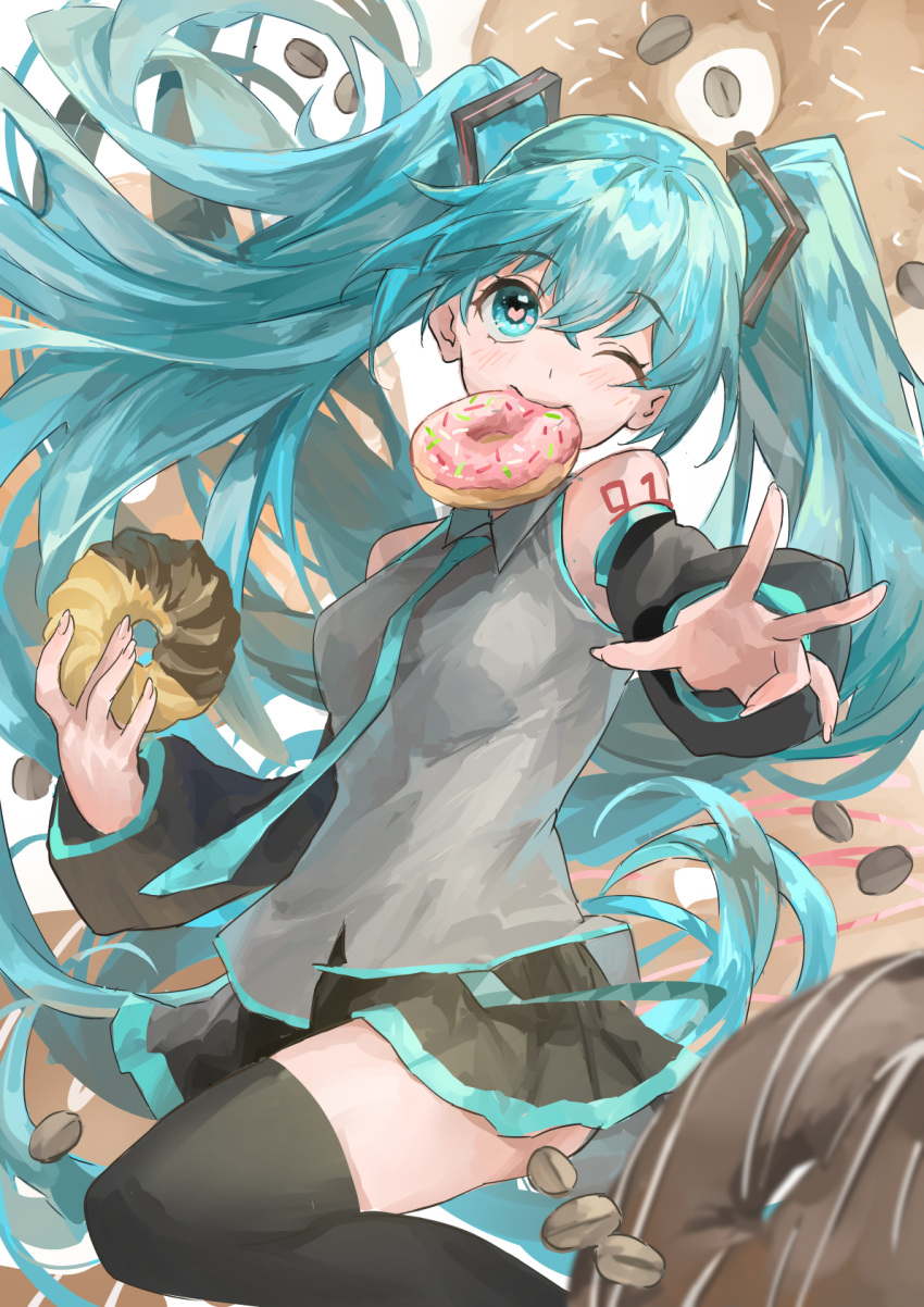 1girl aqua_eyes aqua_hair aqua_necktie bare_shoulders black_skirt black_sleeves black_thighhighs coffee_beans commentary cowboy_shot detached_sleeves doughnut english_commentary floating_hair food food-themed_background food_in_mouth foreshortening french_cruller grey_shirt hair_ornament hatsune_miku heart heart_in_eye highres himukai_aoi holding holding_food long_hair looking_at_viewer miniskirt mixed-language_commentary mouth_hold necktie one_eye_closed outstretched_arm pleated_skirt reaching_towards_viewer shirt shoulder_tattoo skirt sleeveless sleeveless_shirt smile solo sprinkles symbol_in_eye tattoo thigh-highs twintails very_long_hair vocaloid
