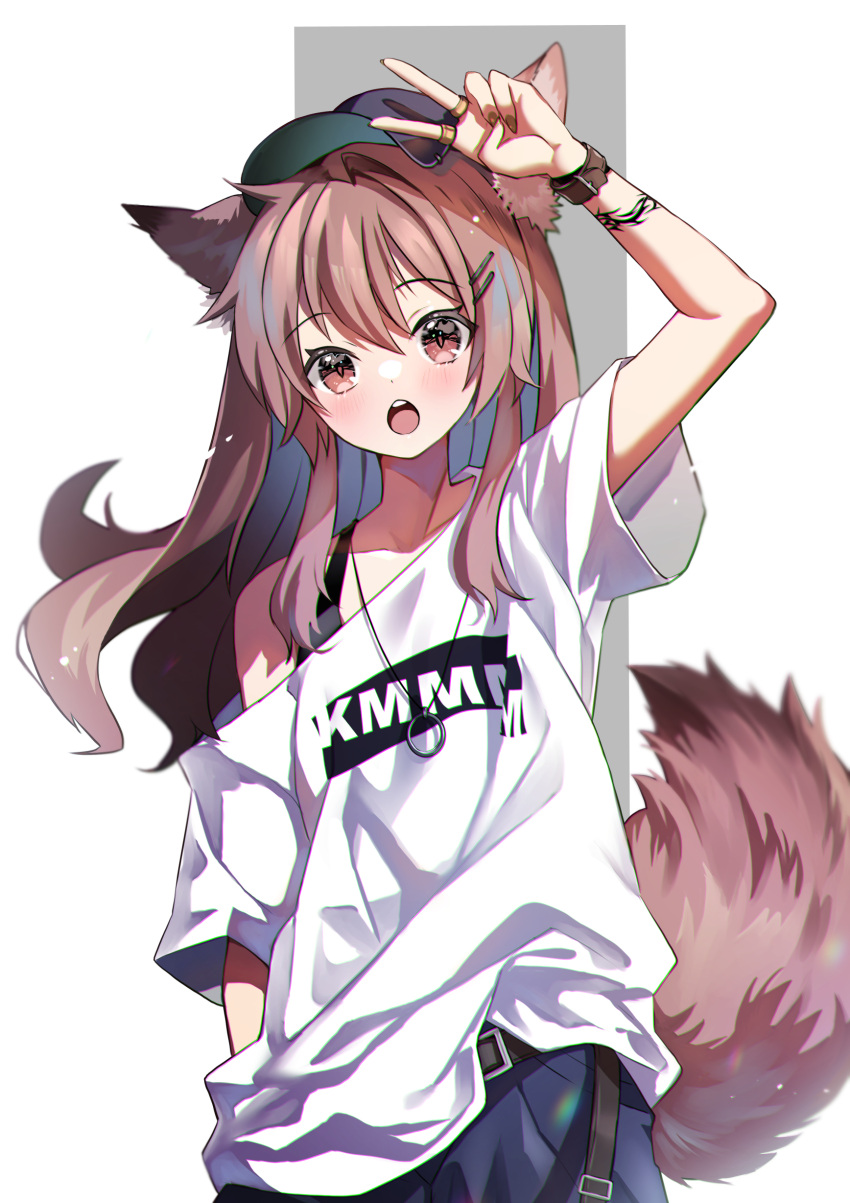 07touka25 1girl :o absurdres animal_ears baseball_cap belt blue_pants brown_eyes brown_hair fox_ears fox_girl fox_tail grey_background hat highres jewelry long_hair multiple_rings off_shoulder open_mouth original oversized_clothes oversized_shirt pants ring shirt short_sleeves simple_background single_bare_shoulder tail two-tone_background v white_background white_shirt wristband