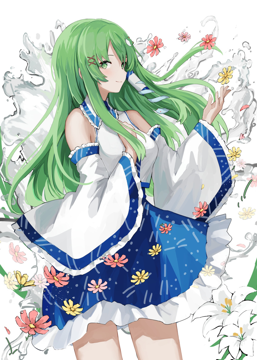 1girl absurdres bare_shoulders blue_skirt closed_mouth collared_shirt commentary_request cowboy_shot detached_sleeves flower frilled_shirt_collar frilled_skirt frilled_sleeves frills frog_hair_ornament green_eyes green_hair hair_ornament hairclip hand_on_own_chest hands_up highres kochiya_sanae long_hair looking_at_viewer red_flower shiratakiseaice shirt single_hair_tube skirt sleeveless sleeveless_shirt smile snake_hair_ornament solo touhou water white_flower white_shirt white_sleeves wide_sleeves