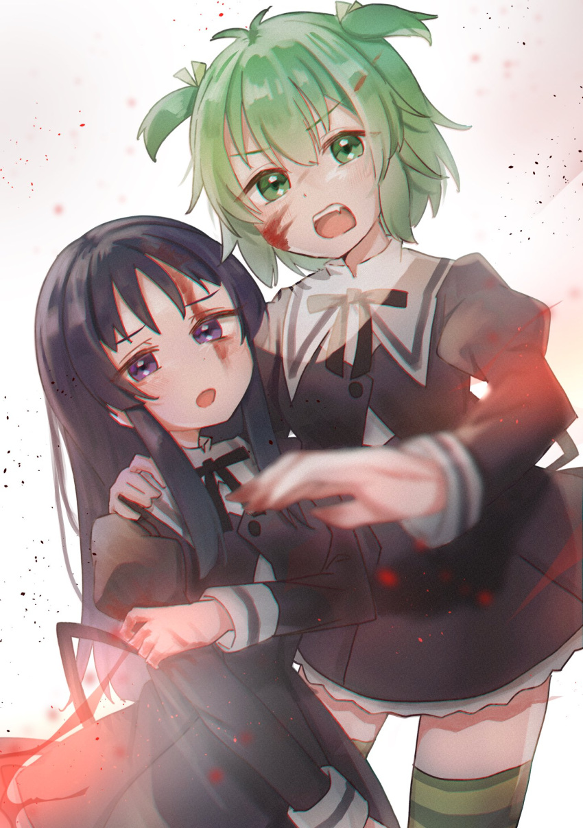2girls antenna_hair arm_around_shoulder assault_lily black_hair black_ribbon black_skirt blood blood_in_hair blood_on_clothes blood_on_face blurry blurry_foreground buttons chromatic_aberration commentary_request cropped_jacket debris fang green_eyes green_hair green_theme hair_between_eyes hair_ribbon hand_on_another's_shoulder hand_on_own_arm hand_up hands_up high-waist_skirt highres juliet_sleeves long_hair long_sleeves looking_at_viewer miniskirt multicolored_thighhighs multiple_girls neck_ribbon open_mouth puffy_sleeves reaching_towards_viewer ribbon school_uniform shirai_yuyu shirt short_hair sidelocks skirt standing striped striped_thighhighs teeth thigh-highs two_side_up upper_teeth_only v-shaped_eyebrows violet_eyes white_background white_shirt yellow_ribbon yellow_thighhighs yoshimura_thi_mai yubari_lemon_(lemonlilie) yurigaoka_girls_academy_school_uniform zettai_ryouiki