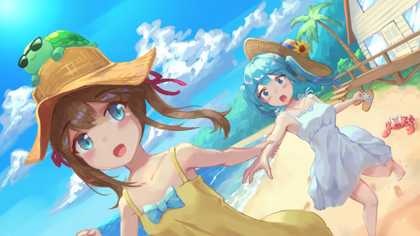 2girls animal animal_on_head arm_grab barefoot beach blue_bow blue_eyes blue_hair blue_sky bluesh blush bow brown_hair clouds crab dress dutch_angle english_commentary flower hair_ribbon hat hat_flower highres holding holding_clothes holding_footwear indie_virtual_youtuber live2d_inc. long_hair miyune_bun mmeizterr momose_hiyori multiple_girls neuro-sama ocean on_head open_mouth outdoors palm_tree red_ribbon ribbon running sand sandals sky sleeveless sleeveless_dress straw_hat sun_hat sundress sunglasses tree turtle twintails two_side_up vedal987 white_dress