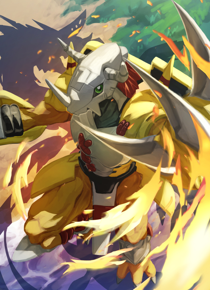 claws digimon digimon_(creature) embers grass green_eyes highres horns looking_at_viewer no_humans outdoors single_horn user_tzsm8327 wargreymon