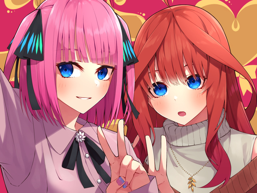 2girls :o ahoge black_ribbon blue_eyes blunt_bangs blush butterfly_hair_ornament casual collared_shirt commentary eyebrows_hidden_by_hair eyelashes go-toubun_no_hanayome grin hair_between_eyes hair_ornament hair_ribbon hand_up heart heart_background highres jewelry long_hair looking_at_viewer medium_hair multiple_girls nail_polish nakano_itsuki nakano_nino necklace no_hair_ornament open_mouth pink_nails pink_shirt red_background red_ribbon redhead ribbon selfie shirt siblings sidelocks simple_background sisters sleeves_past_wrists smile straight-on straight_hair tamago_sando twins two_side_up upper_body upturned_eyes v