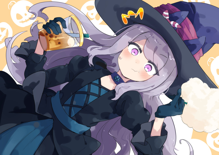 1girl ^^^ black_dress black_gloves blush bubble_tea choker commentary_request cotton_candy dress dutch_angle ears_through_headwear food food_on_face gloves hat highres horse_girl long_hair long_sleeves looking_at_viewer mejiro_mcqueen_(umamusume) orange_background pumpkin_background purple_choker purple_hair solo totomono umamusume violet_eyes witch_hat