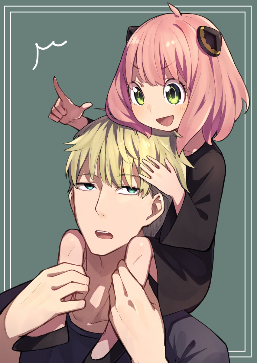 1boy 1girl :d absurdres ahoge anya_(spy_x_family) black_dress black_footwear blonde_hair blush carrying commentary dress father_and_daughter female_child green_background green_eyes hair_between_eyes happy highres holding_legs long_sleeves looking_down looking_up medium_hair open_mouth pink_hair pointing pointing_forward short_hair shoulder_carry simple_background smile spiky_hair spy_x_family tamago_sando teeth twilight_(spy_x_family) upper_teeth_only upturned_eyes v-shaped_eyebrows wide_sleeves