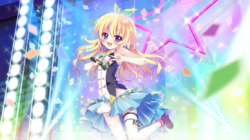 1girl bare_shoulders blonde_hair blue_skirt boots bow breasts brooch concert confetti cross-laced_footwear dress film_grain frilled_dress frills game_cg glint green_bow green_ribbon hair_bow hair_ornament hasegawa_mii holding holding_microphone idol idol_clothes izumi_tsubasu jewelry layered_skirt leggings long_hair microphone multicolored_clothes multicolored_skirt non-web_source official_art open_mouth purple_footwear re:stage! ribbon short_dress skirt sleeveless sleeveless_dress small_breasts smile solo sparkle stage stage_lights standing standing_on_one_leg star_(symbol) star_brooch striped striped_skirt teeth upper_teeth_only v vertical-striped_skirt vertical_stripes violet_eyes white_leggings white_skirt zettai_ryouiki