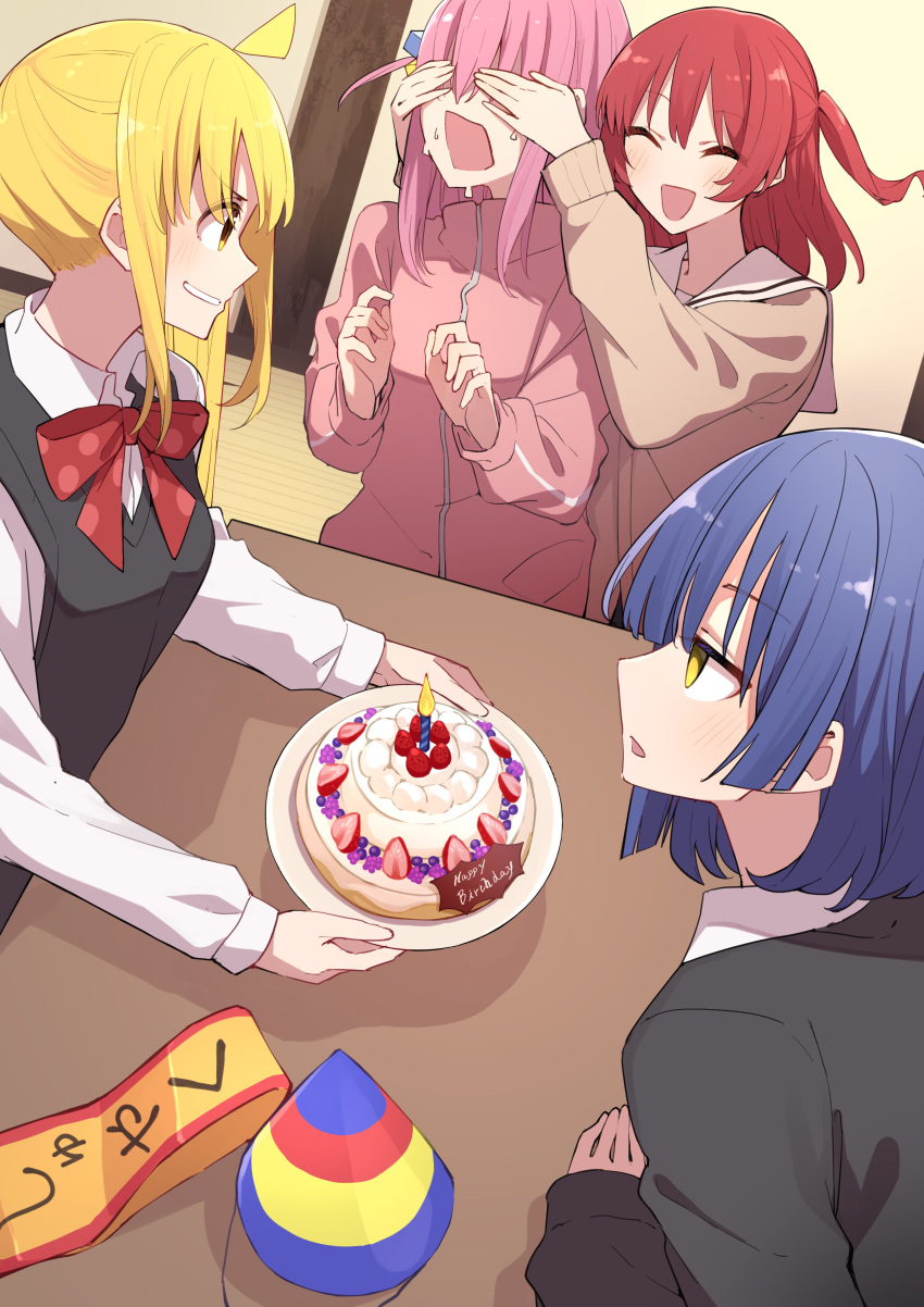 4girls :d absurdres ahoge birthday_cake birthday_party blonde_hair blue_hair blush bocchi_the_rock! bow cake candle closed_eyes collared_shirt commentary cube_hair_ornament food friends gotou_hitori grin hair_between_eyes hair_ornament half_updo happy happy_birthday hat hat_removed headwear_removed highres ijichi_nijika indoors jacket kita_ikuyo long_hair long_sleeves medium_hair multiple_girls nervous nose one_side_up open_mouth party_hat pink_hair pink_jacket polka_dot polka_dot_bow profile red_bow redhead school_uniform serafuku shirt side_ponytail sidelocks sleeves_past_wrists smile sweat tamago_sando v-shaped_eyebrows white_shirt yamada_ryou yellow_eyes