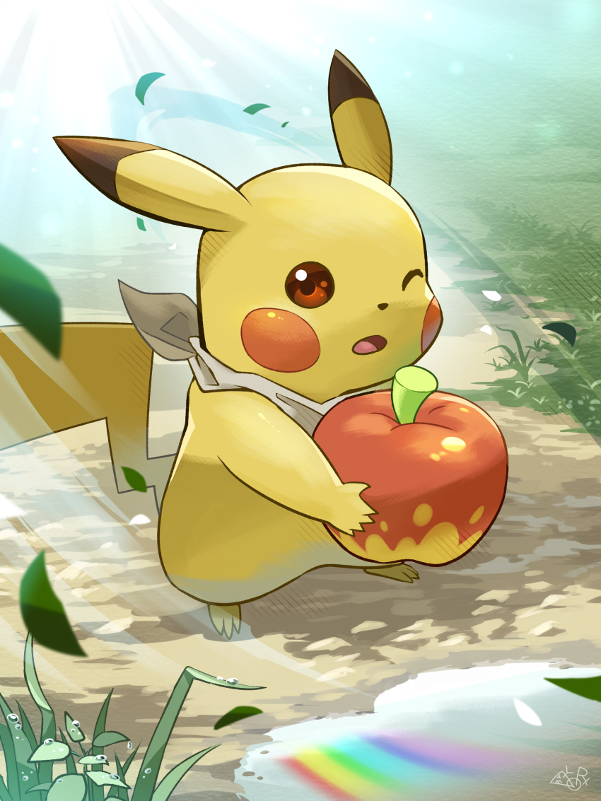 absurdres apple brown_eyes falling_leaves food fruit grass hakkentai_pokedan highres holding holding_food holding_fruit leaf on_ground one_eye_closed open_mouth pikachu pokemon pokemon_(creature) puddle reflection reflective_water scarf solo standing sunlight water_drop white_scarf