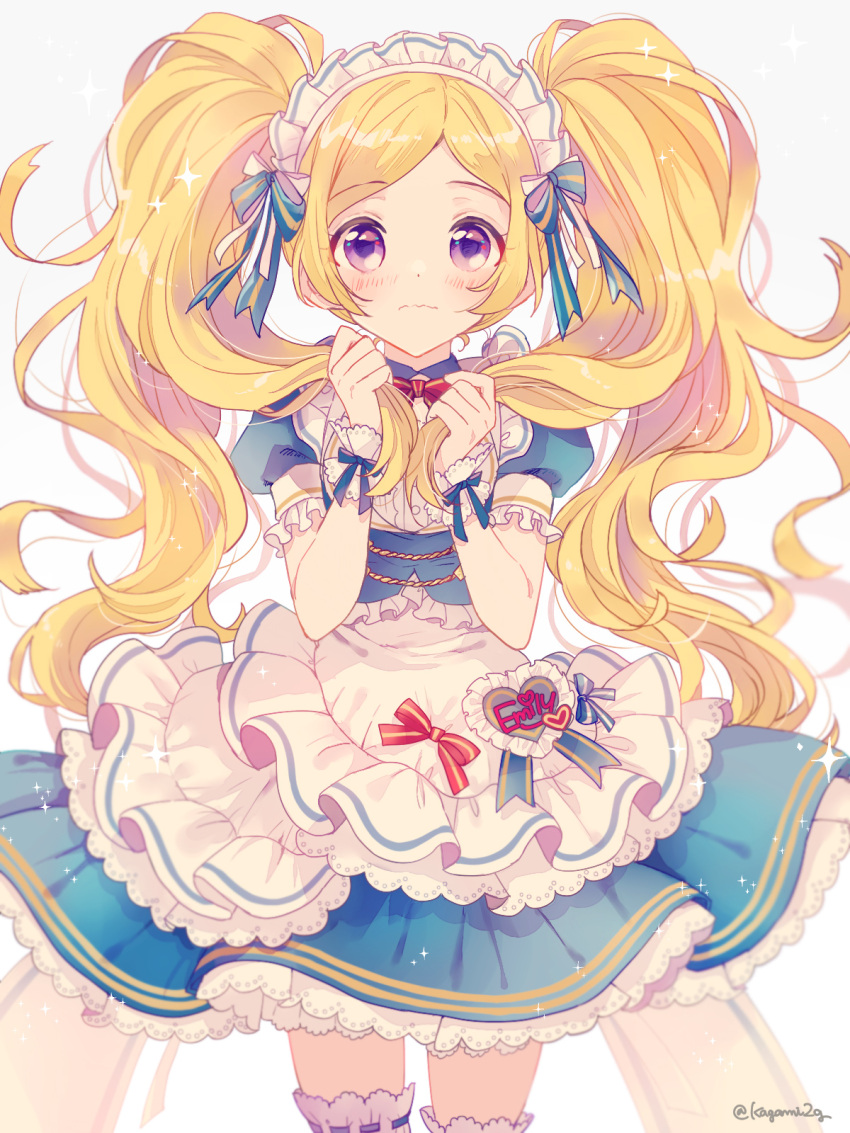 1girl blonde_hair blue_dress blue_ribbon blush closed_mouth dot_nose dress emily_stewart frilled_dress frills hair_ribbon headdress highres holding holding_hair idolmaster idolmaster_million_live! idolmaster_million_live!_theater_days kagami2g layered_dress long_hair looking_at_viewer name_tag neck_ribbon red_ribbon ribbon scrunchie short_sleeves shy simple_background solo thigh-highs twintails twitter_username violet_eyes wavy_mouth white_background white_thighhighs
