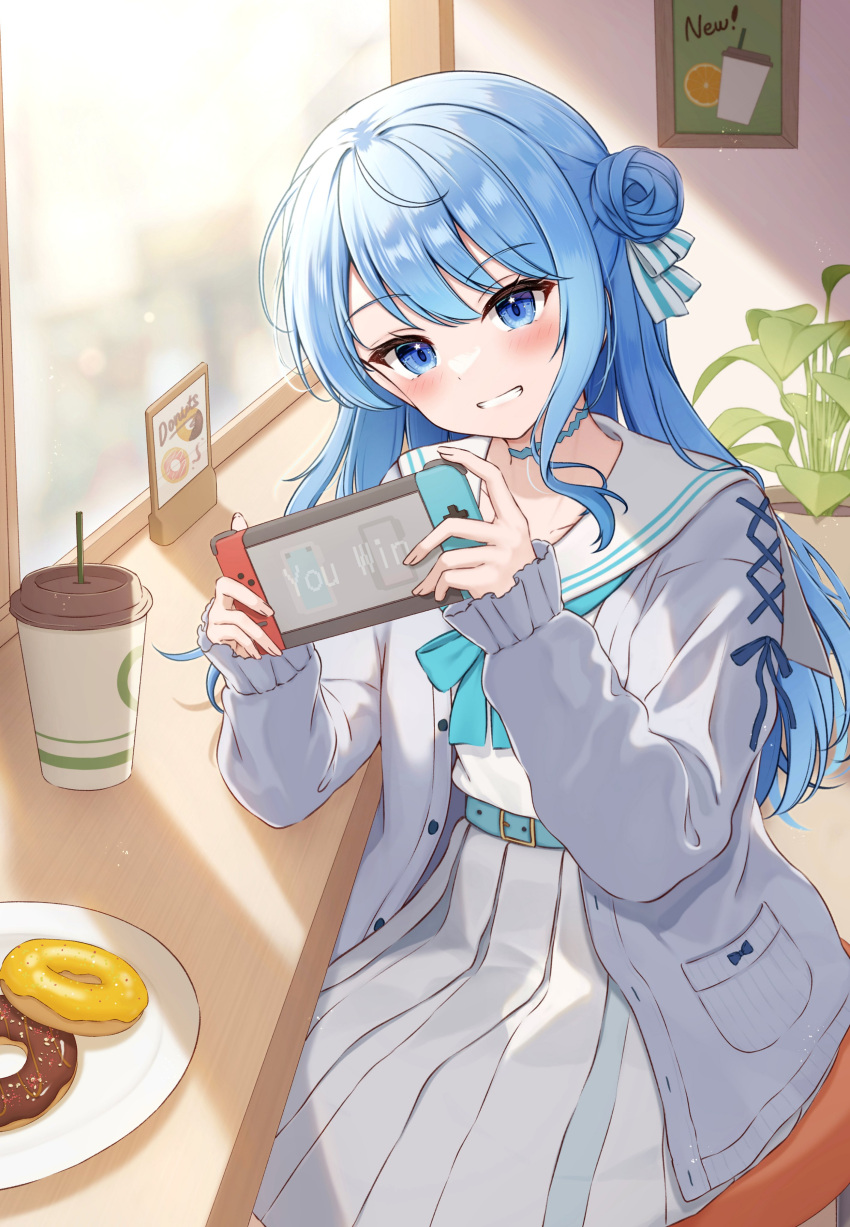1girl absurdres blue_choker blue_eyes blue_hair blush cardigan choker commentary_request cup disposable_cup doughnut food grey_cardigan hair_bun handheld_game_console highres holding holding_handheld_game_console hololive hoshimachi_suisei indoors long_hair long_sleeves looking_at_viewer nintendo_switch open_cardigan open_clothes pleated_skirt puffy_long_sleeves puffy_sleeves sailor_collar school_uniform serafuku shirt sidelocks sitting skirt smile solo star_(symbol) star_in_eye symbol_in_eye teeth virtual_youtuber white_sailor_collar white_shirt white_skirt yukiunag1