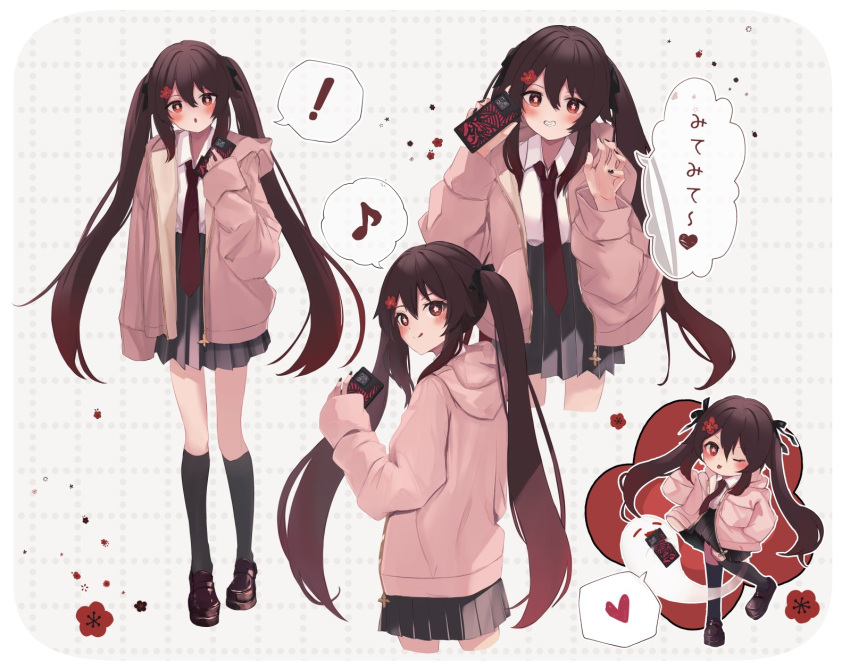 ! 1girl black_nails blush boo_tao_(genshin_impact) brown_hair flower flower-shaped_pupils genshin_impact hair_flower hair_ornament highres hu_tao_(genshin_impact) itone_114 long_hair looking_at_viewer one_eye_closed phone pleated_skirt plum_blossoms school_uniform simple_background skirt symbol-shaped_pupils tongue tongue_out twintails
