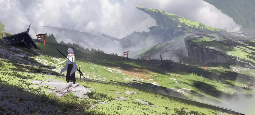 1girl absurdres architecture asteroid_ill bird_wings black_hakama building buried cliff clouds cloudy_sky east_asian_architecture grass hakama highres hill holding holding_weapon hood hood_down japanese_clothes landscape looking_ahead miko mountain multiple_torii nature original outdoors pagoda partisan path polearm purple_hair rock ruins scenery sky solo torii tree weapon wide_shot wide_sleeves wings