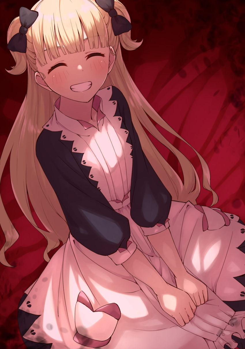 1girl ^_^ absurdres apron bed_sheet black_bow black_dress blonde_hair blunt_bangs blush bow center_frills clenched_hands closed_eyes commentary dress emilico_(shadows_house) facing_viewer frills grin hair_bun half_updo highres juliet_sleeves long_hair long_sleeves looking_at_viewer own_hands_together puffy_sleeves red_sheet shadows_house sitting smile solo tamago_sando twintails two_side_up very_long_hair white_apron