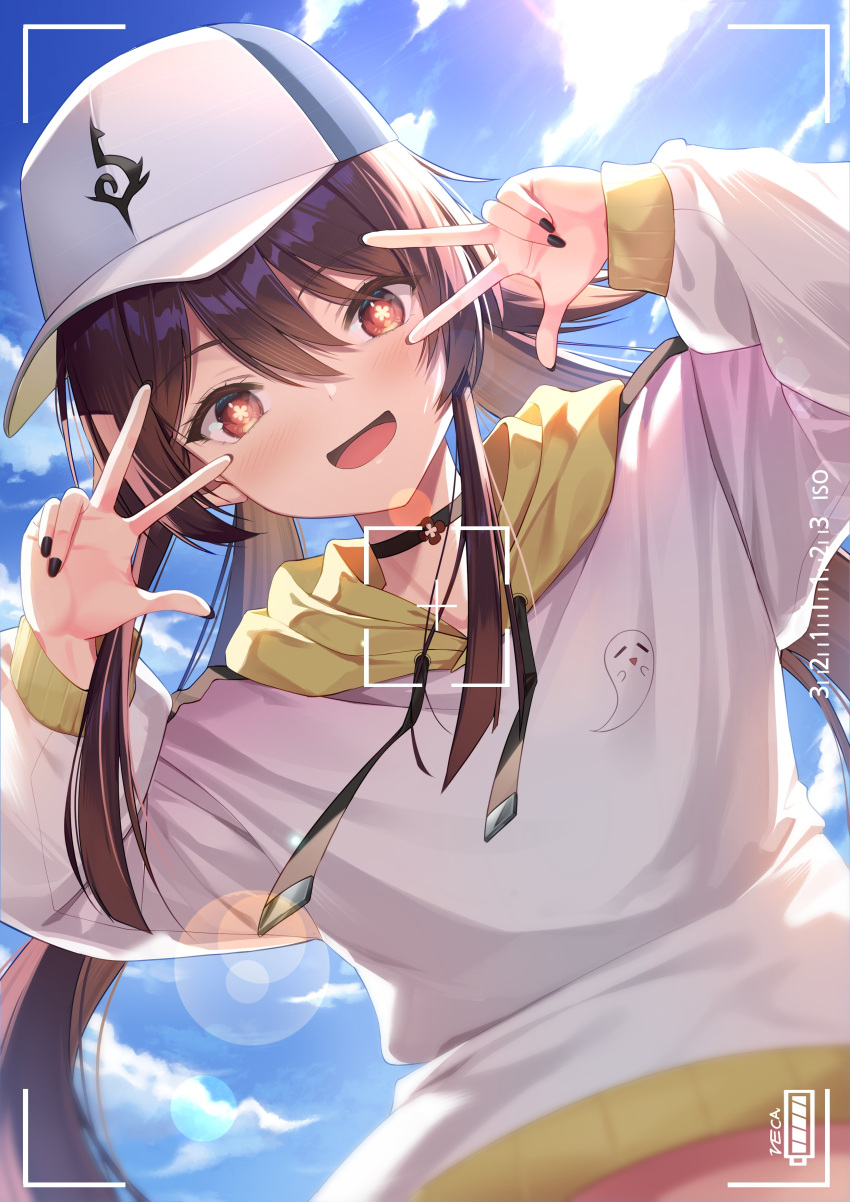 1girl absurdres black_nails flower-shaped_pupils genshin_impact hat highres hu_tao_(genshin_impact) looking_at_viewer open_mouth red_eyes symbol-shaped_pupils v veca white_headwear