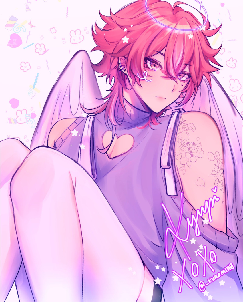 1boy angel_wings arm_tattoo cleavage_cutout closed_mouth clothing_cutout ear_piercing expressionless halo heart_on_cheek highres looking_at_viewer male_focus medium_hair mih0 off-shoulder_shirt off_shoulder original pectoral_cleavage pectorals piercing pink_eyes pink_hair purple_shirt shirt solo star_(symbol) tattoo thigh-highs white_background white_thighhighs wings
