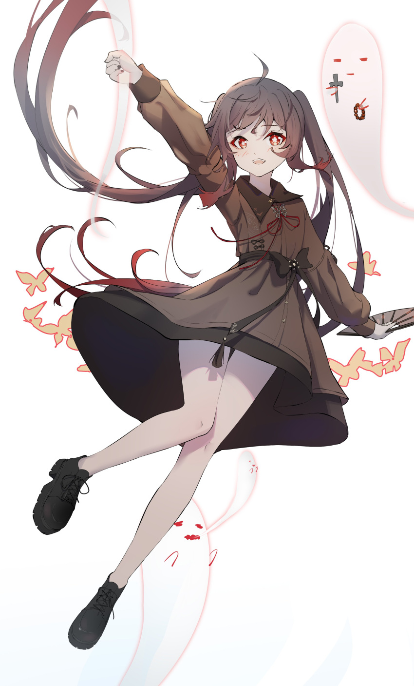 1girl absurdres ahoge black_nails boo_tao_(genshin_impact) brown_hair flower-shaped_pupils genshin_impact gradient_hair highres hu_tao_(genshin_impact) long_hair looking_at_viewer multicolored_hair qixia red_eyes simple_background symbol-shaped_pupils thighs white_background