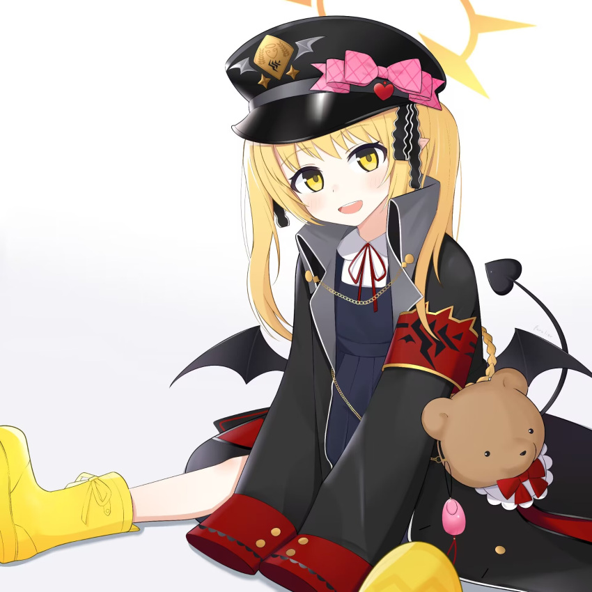 1girl :d arm_support armband black_coat blonde_hair blue_archive boots bow bowtie coat collared_shirt commentary_request crime_prevention_buzzer demon_girl demon_tail demon_wings dress hair_between_eyes hair_ribbon halo hat highres ibuki_(blue_archive) knee_boots long_hair long_sleeves looking_at_viewer open_clothes open_coat paralier peaked_cap pinafore_dress pointy_ears red_bow red_bowtie ribbon school_uniform shirt sidelocks simple_background sitting smile solo spread_legs stuffed_animal stuffed_toy tail teddy_bear white_background wings yellow_eyes yellow_footwear