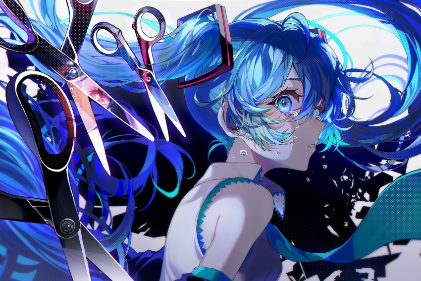 1girl 1other aqua_necktie blue_eyes blue_hair breasts commentary_request crying detached_sleeves from_side hair_between_eyes hatsune_miku highres long_hair looking_at_viewer necktie portrait profile red_eyes savi_(byakushimc) scissors shirt sleeveless sleeveless_shirt small_breasts solo_focus tears twintails twitter_username vocaloid