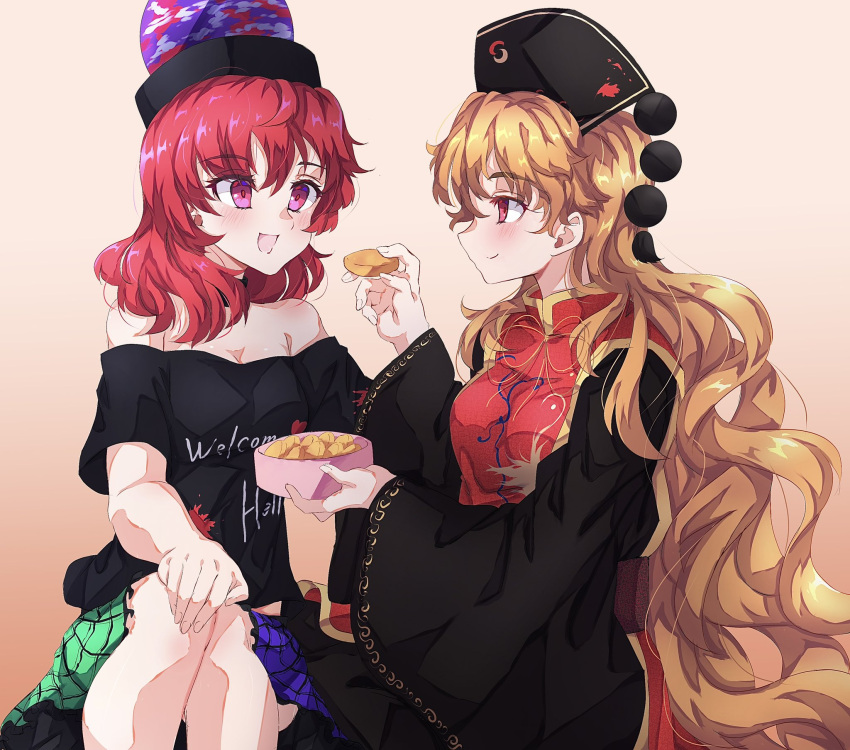 2girls bare_shoulders belt black_choker black_dress black_headwear black_shirt blonde_hair blush bow bowl bowtie breasts brown_belt chinese_clothes choker closed_mouth clothes_writing collarbone cookie crescent crescent_print dress food frills gradient_background green_skirt hair_between_eyes hands_up hat heart heart_print hecatia_lapislazuli highres holding holding_bowl holding_food junko_(touhou) long_hair long_sleeves looking_at_another mandarin_collar medium_breasts medium_hair multicolored_clothes multicolored_skirt multiple_girls neold off-shoulder_shirt off_shoulder open_mouth orange_background phoenix_crown pink_eyes plaid plaid_skirt polos_crown pom_pom_(clothes) purple_skirt red_eyes red_tabard redhead shirt short_sleeves simple_background sitting sitting_on_person skirt smile t-shirt tabard tassel touhou underworld_(ornament) wavy_hair white_background wide_sleeves yellow_bow yellow_bowtie