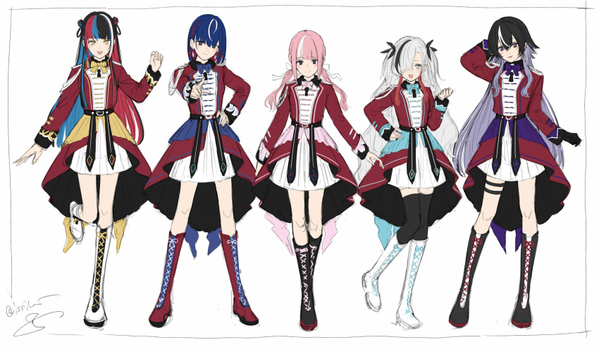 5girls aiguillette alternate_costume aqua_bow aqua_bowtie arm_behind_head band_uniform belt black_belt black_gloves black_hair black_thighhighs blue_bow blue_bowtie blue_eyes blue_hair blunt_bangs boots border bow bowtie collared_jacket colored_inner_hair commentary cross-laced_footwear earrings epaulettes full_body gloves grey_eyes hair_over_one_eye hair_ribbon hand_on_own_hip harusaruhi head_tilt highres hoop_earrings isekai_joucho isshiki_(ffmania7) jacket jewelry kaf_(kamitsubaki_studio) kamitsubaki_studio keyhole knee_boots koko_(kamitsubaki_studio) lineup long_hair long_sleeves looking_at_viewer low_twintails matching_outfit multicolored_eyes multicolored_hair multiple_girls open_mouth pink_bow pink_bowtie pink_hair pleated_skirt pointing pointing_at_viewer purple_bow purple_bowtie purple_hair red_eyes red_jacket redhead ribbon rim_(kamitsubaki_studio) short_hair sidelocks simple_background sketch skirt sleeve_cuffs smile standing standing_on_one_leg streaked_hair symbol-only_commentary thigh-highs thigh_strap tongue tongue_out twintails two_side_up violet_eyes virtual_youtuber white_background white_hair white_ribbon white_skirt yellow_bow yellow_bowtie yellow_eyes yellow_pupils