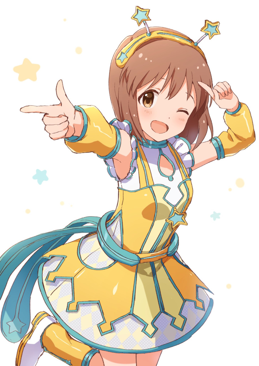 1girl armpits blush boots bow brown_eyes brown_hair buchi_(y0u0ri_) detached_sleeves dot_nose dress dress_bow hagiwara_yukiho hairband highres idolmaster idolmaster_(classic) idolmaster_million_live! idolmaster_million_live!_theater_days knee_boots looking_at_viewer one_eye_closed open_mouth pointing short_hair smile solo standing standing_on_one_leg star_ornament starry_background white_background yellow_dress yellow_hairband