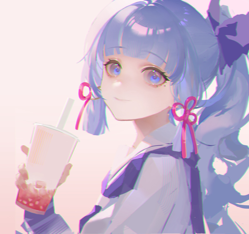 1girl absurdres blue_eyes blue_hair bow closed_mouth cup disposable_cup drinking_straw from_side genshin_impact gyokuen hair_bow hair_ribbon hand_up highres holding holding_cup kamisato_ayaka kamisato_ayaka_(heytea) long_hair looking_at_viewer looking_to_the_side official_alternate_costume ponytail purple_bow purple_sailor_collar red_ribbon ribbon sailor_collar shirt sidelocks smile solo tress_ribbon upper_body white_shirt
