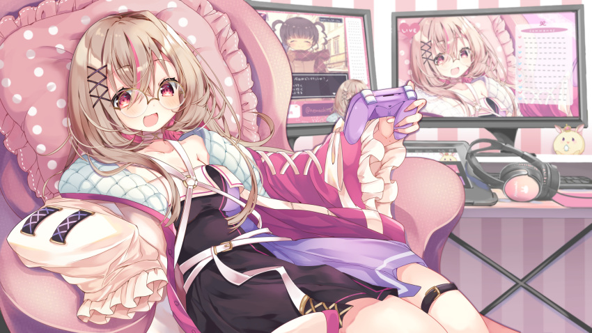 1girl :d arm_rest belt black_dress commentary_request controller desk dress game_controller glasses hair_ornament headphones headphones_removed highres holding holding_controller indie_virtual_youtuber jacket kasane_(cynthia) keyboard_(computer) light_brown_hair long_sleeves looking_at_viewer monitor multiple_monitors nemachi_(vtuber) open_clothes open_jacket open_mouth pillow pink_eyes reclining smile solo swivel_chair tablet_pc tareme thigh_belt thigh_strap virtual_youtuber wide_sleeves x_hair_ornament
