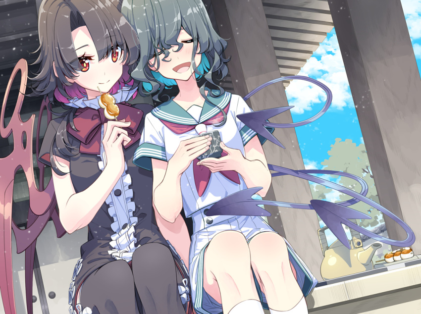 2girls :d asymmetrical_wings black_dress black_hair black_thighhighs blush bow bowtie closed_eyes closed_mouth clouds commentary commission cup day dress facing_viewer fingernails green_sailor_collar grey_hair hand_up holding holding_cup houjuu_nue kneehighs long_hair looking_at_another multiple_girls murasa_minamitsu neckerchief open_mouth red_bow red_bowtie red_eyes red_neckerchief sailor_collar sakuraba_yuuki shirt short_sleeves sitting skeb_commission skirt sky smile socks thigh-highs tongue touhou tree veranda white_shirt white_skirt white_socks wings