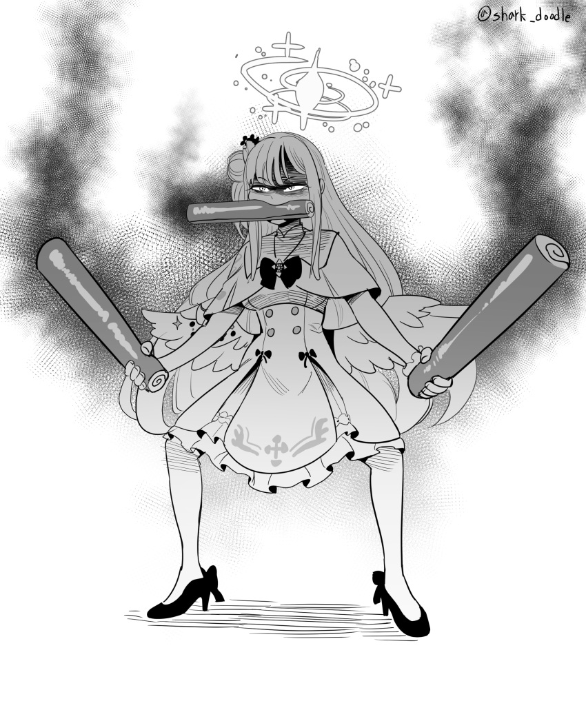 1girl absurdres aura blue_archive blunt_bangs cake capelet commentary_request doodle_shark dress food frilled_dress frills full_body greyscale hair_bun hair_ornament hair_scrunchie halo high_heels highres long_hair looking_at_viewer mika_(blue_archive) monochrome mouth_hold one_piece one_side_up outstretched_arms parody school_uniform scrunchie sidelocks simple_background single_side_bun solo spread_arms spread_legs standing swiss_roll triple_wielding turtleneck_dress v-shaped_eyebrows wrist_scrunchie