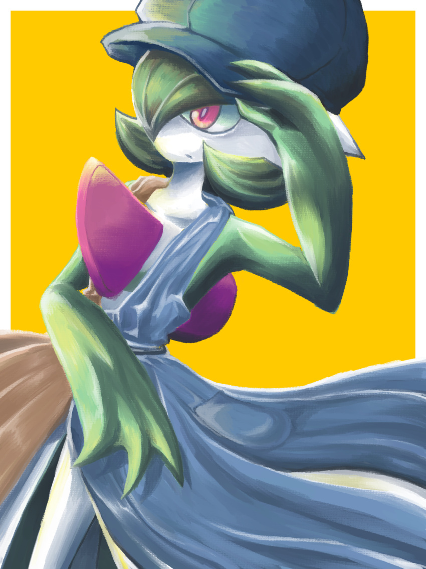 1girl adjusting_clothes adjusting_headwear arm_up blue_dress blue_headwear bob_cut border brown_dress cabbie_hat closed_mouth clothed_pokemon collarbone colored_skin commentary_request cowboy_shot dress dutch_angle flat_chest gardevoir gardevoir_(cafe) green_hair green_skin hair_over_one_eye hat highres kurashina_(krsn_poke324) multicolored_skin one_eye_covered outside_border partial_commentary pocket pokemon pokemon_(creature) pokemon_(game) pokemon_unite red_eyes short_hair sideways_mouth simple_background sleeveless sleeveless_dress solo standing two-tone_dress two-tone_skin white_border white_skin yellow_background