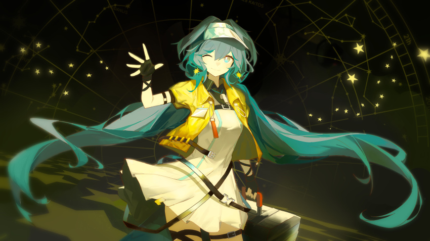 1girl absurdres arknights astesia_(arknights) astesia_(fantastic_crafts)_(arknights) blue_eyes blue_hair bright_pupils constellation dress earrings fingerless_gloves gloves highres jacket jewelry long_hair one_eye_closed roupo99 solo star_(symbol) star_earrings visor_cap white_dress white_pupils yellow_jacket