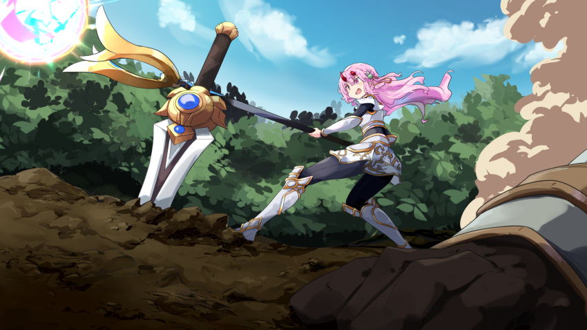 1girl armor blue_sky broken_horn commentary_request cosplay day hair_ornament highres horns indie_virtual_youtuber kanehira_ame league_of_legends long_hair looking_away lux_(league_of_legends) lux_(league_of_legends)_(cosplay) outdoors pink_eyes pink_hair planted planted_sword shining_shoot_(pose) sky solo_focus staff standing sword totomono virtual_youtuber weapon