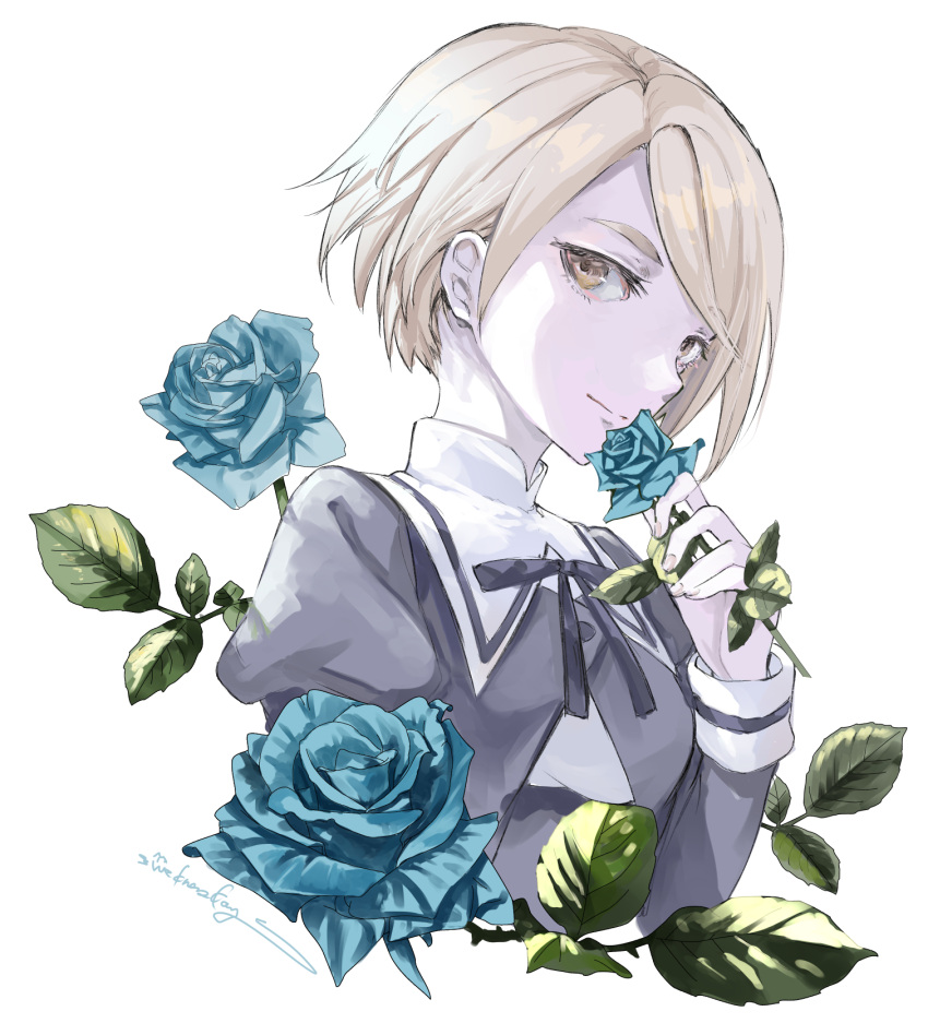 1girl artist_name assault_lily black_ribbon blue_flower blue_rose closed_mouth commentary_request cropped_torso fingernails floral_background flower flower_to_mouth grey_hair hand_up highres holding holding_flower juliet_sleeves kawazoe_misuzu light_smile long_sleeves looking_at_viewer looking_to_the_side neck_ribbon puffy_sleeves ribbon rose school_uniform shirt short_hair sideways_glance signature solo swept_bangs upper_body wednesday_(starsilver) white_background white_shirt yellow_eyes yurigaoka_girls_academy_school_uniform