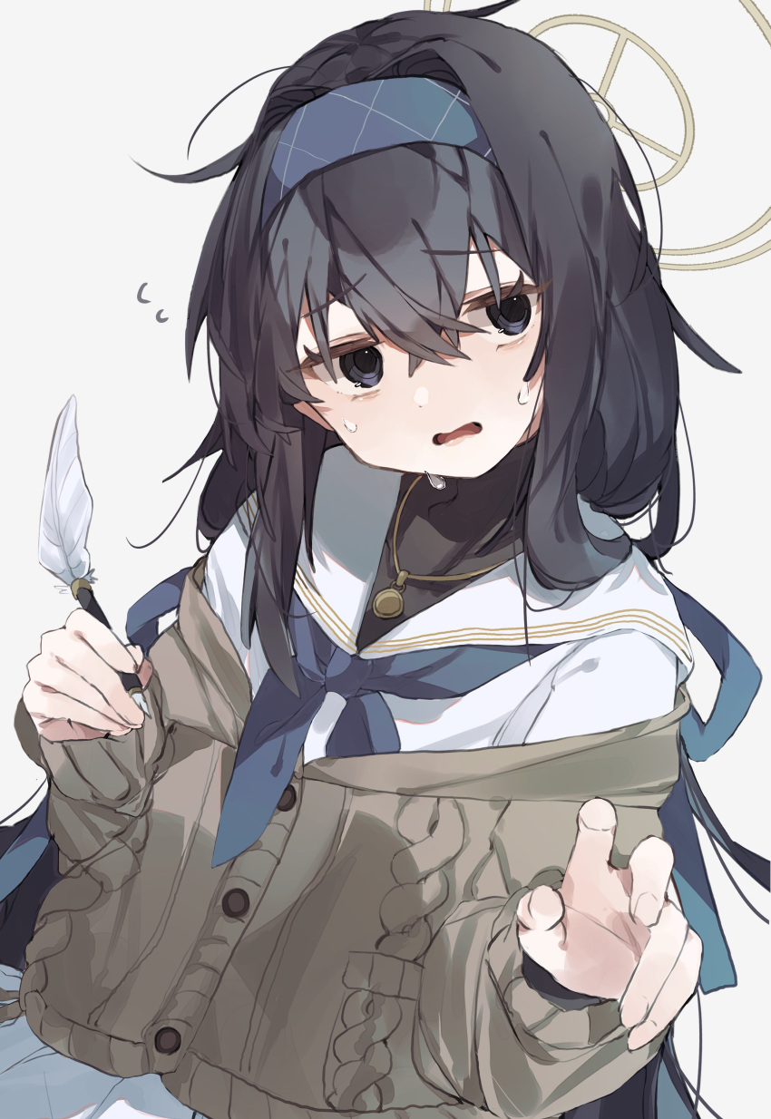 1girl absurdres bags_under_eyes black_hair blue_archive blue_eyes blue_hairband blue_neckerchief brown_sweater gold_necklace gominami hairband halo highres holding holding_quill jewelry long_hair looking_to_the_side low_twintails neckerchief necklace outstretched_hand quill ribbed_sweater school_uniform serafuku simple_background solo sweat sweater twintails ui_(blue_archive) white_background white_serafuku