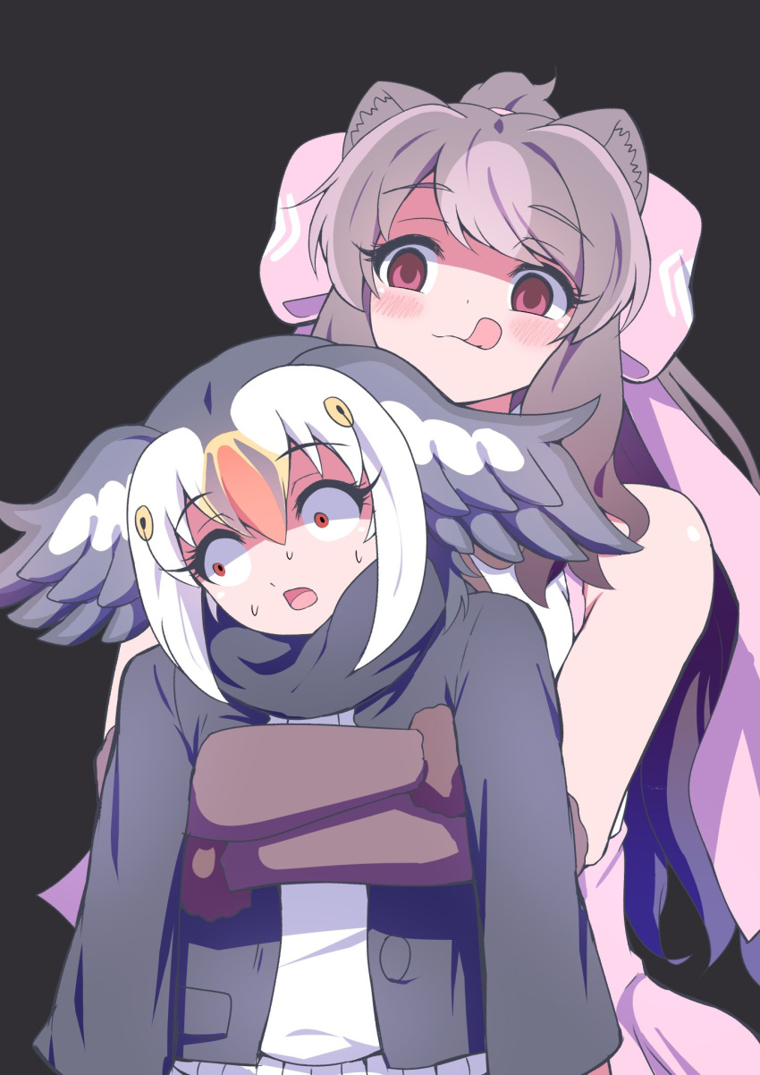 2girls :q animal_ears arms_at_sides atlantic_puffin_(kemono_friends) bare_shoulders bear_ears behind_another bergman's_bear_(kemono_friends) bird_wings black_background black_hair blonde_hair blush bow brown_hair constricted_pupils empty_eyes eyelashes fur_bracelet hair_between_eyes hair_bow hair_ornament head_wings height_difference highres hug hug_from_behind jacket kemono_friends kemono_friends_3 licking_lips long_hair long_sleeves looking_at_another looking_to_the_side mamiyama medium_hair multicolored_hair multiple_girls open_clothes open_jacket open_mouth parted_bangs red_eyes redhead scared scarf shaded_face shirt simple_background sleeveless sleeveless_shirt smile sweat sweater tongue tongue_out upper_body very_long_hair violet_eyes white_hair wide-eyed wings yuri
