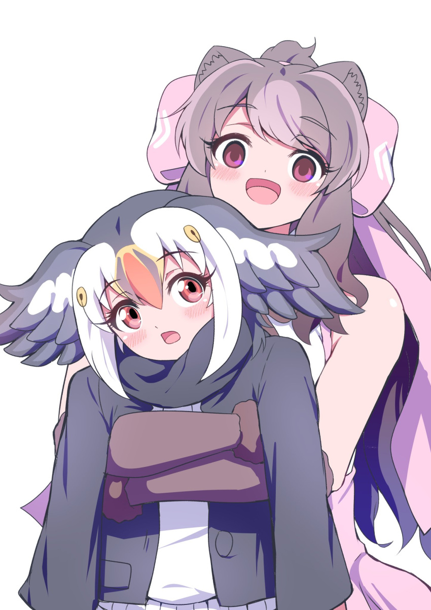 2girls animal_ears arms_at_sides atlantic_puffin_(kemono_friends) bare_shoulders bear_ears behind_another bergman's_bear_(kemono_friends) bird_wings black_hair blonde_hair blush bow empty_eyes eyelashes fur_bracelet hair_between_eyes hair_bow hair_ornament head_wings height_difference highres hug hug_from_behind jacket kemono_friends kemono_friends_3 long_hair long_sleeves looking_up mamiyama medium_hair multicolored_hair multiple_girls open_clothes open_jacket open_mouth parted_bangs red_eyes redhead scarf shirt simple_background sleeveless sleeveless_shirt smile sweater upper_body very_long_hair violet_eyes white_background white_hair wings