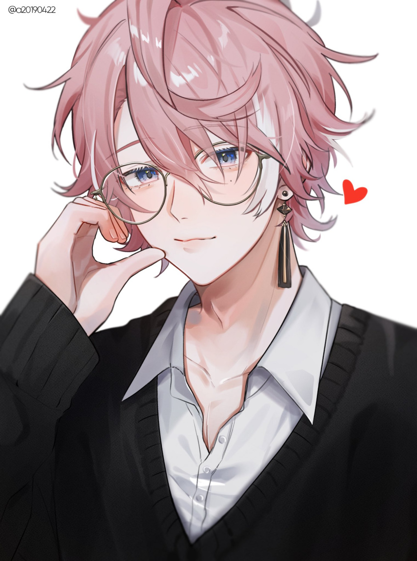1boy bishounen black_sweater collared_shirt earrings glasses heart heart_hands highres holding jacket jewelry long_sleeves looking_at_viewer male_focus minase_(neo-porte) mole mole_under_eye multicolored_hair neo-porte octopus_hair_ornament pink_hair shirt short_hair single_earring smile solo streaked_hair sweater tassel tassel_earrings violet_eyes virtual_youtuber white_background white_hair white_shirt