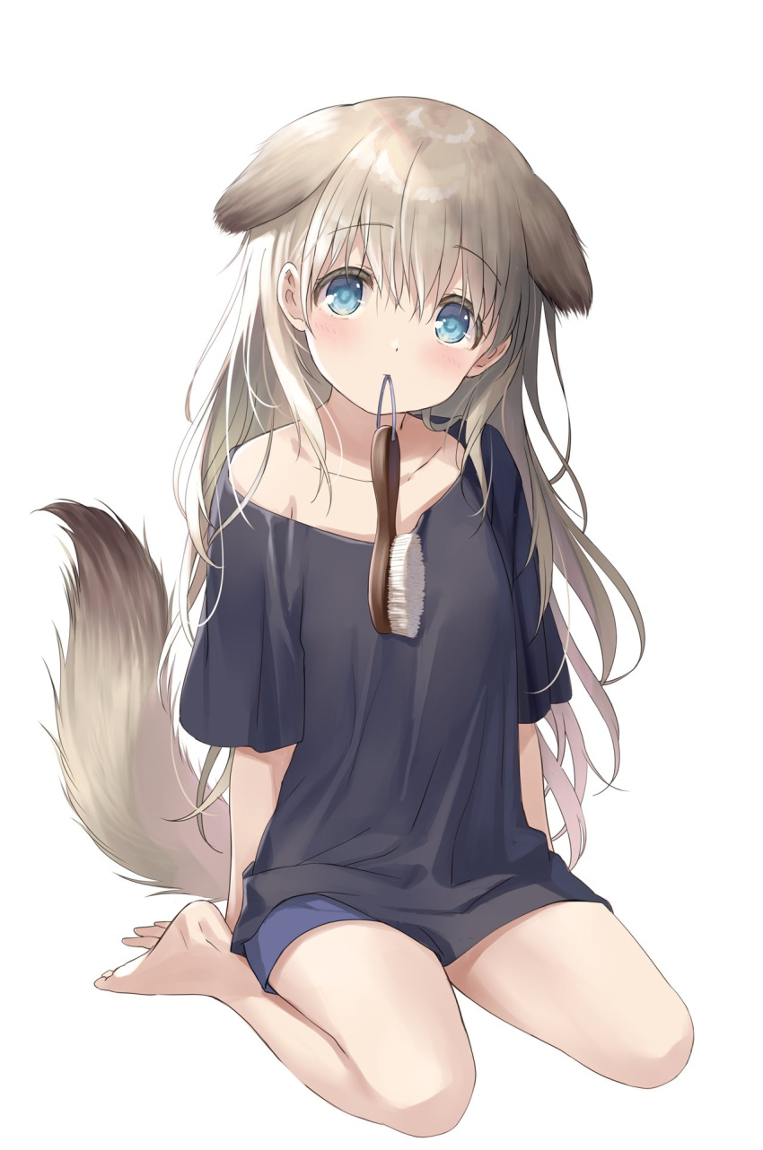 1girl animal_ears barefoot black_shirt blue_eyes blue_shorts blush brown_hair dog_ears dog_girl dog_tail highres long_hair looking_at_viewer mouth_hold na-ga original shirt shorts simple_background solo tail thighs white_background
