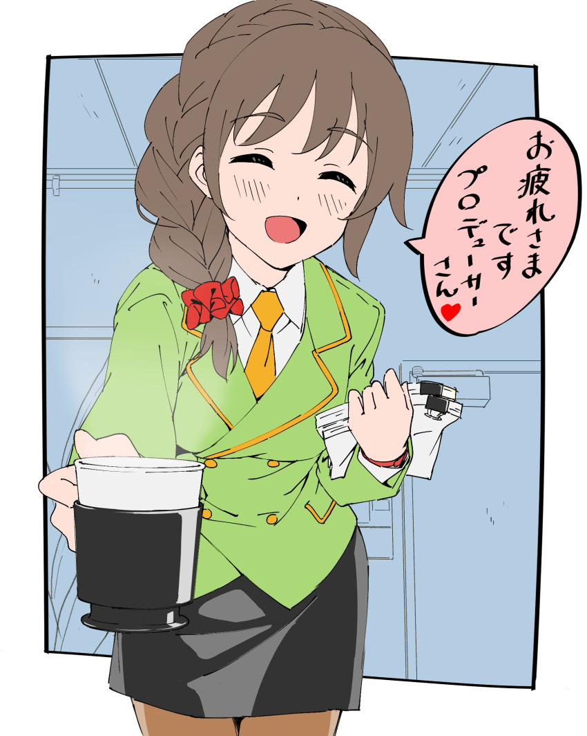1girl black_skirt blush braid brown_hair cup dr._gero_(staedtler_0508) formal green_jacket grid_background hair_ornament hair_over_shoulder hair_scrunchie highres holding holding_cup holding_paper idolmaster idolmaster_cinderella_girls idolmaster_cinderella_girls_starlight_stage indoors jacket long_hair long_sleeves looking_at_viewer necktie office open_mouth orange_necktie paper paperclip pencil_skirt reaching_towards_viewer red_scrunchie scrunchie senkawa_chihiro shirt single_braid skirt smile solo watch watch white_shirt